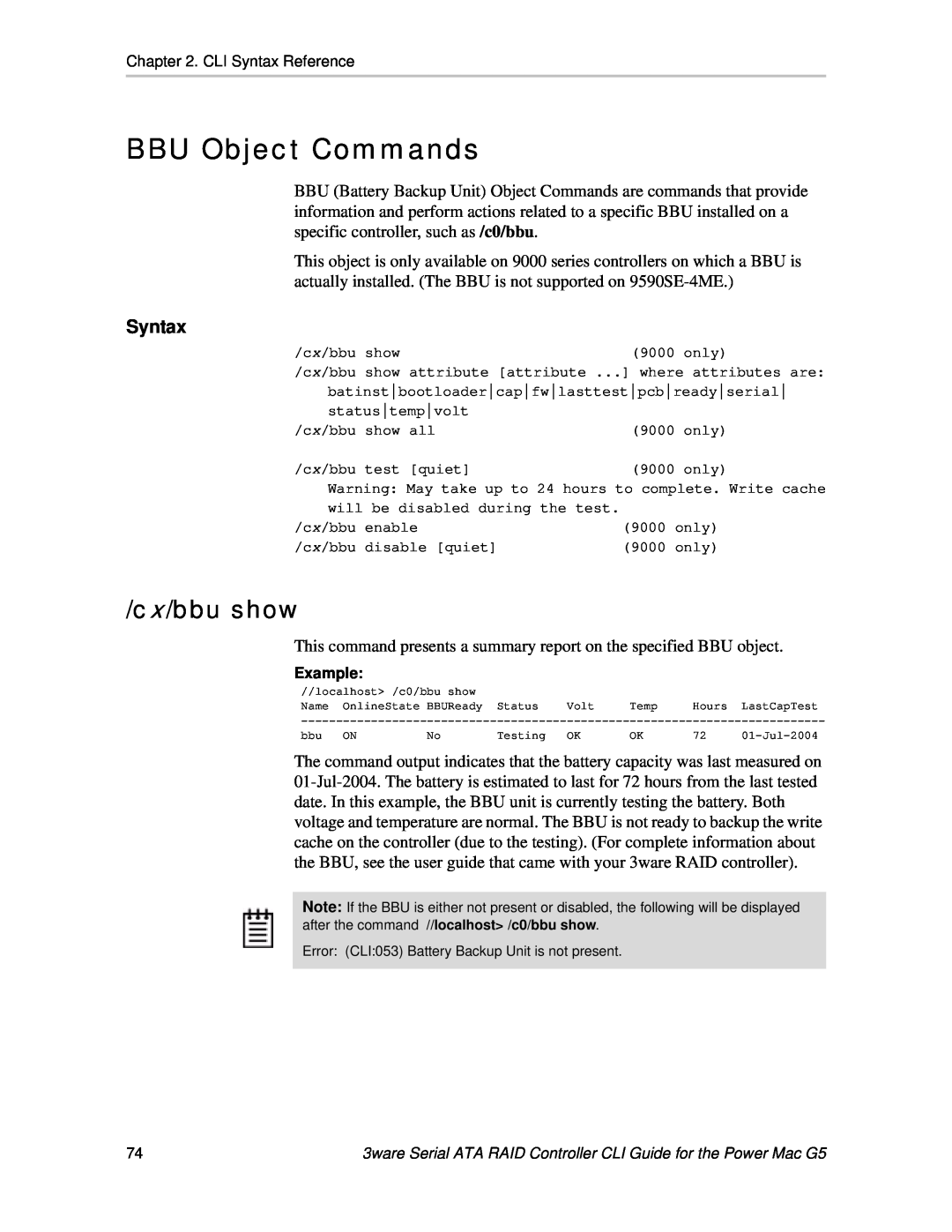 AMCC 9590SE-4ME manual BBU Object Commands, cx/bbu show, Syntax 