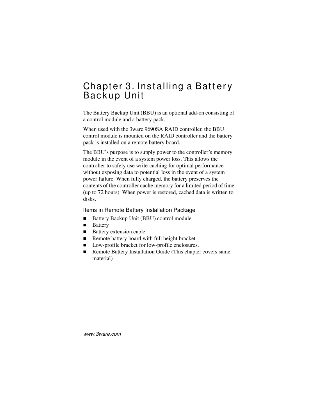 AMCC 9690SA manual Installing a Battery Backup Unit, Items in Remote Battery Installation Package 