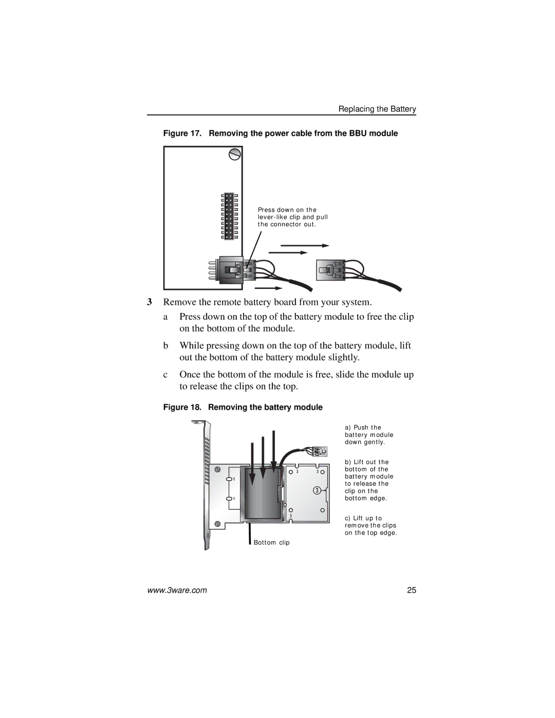 AMCC 9690SA manual Removing the power cable from the BBU module 