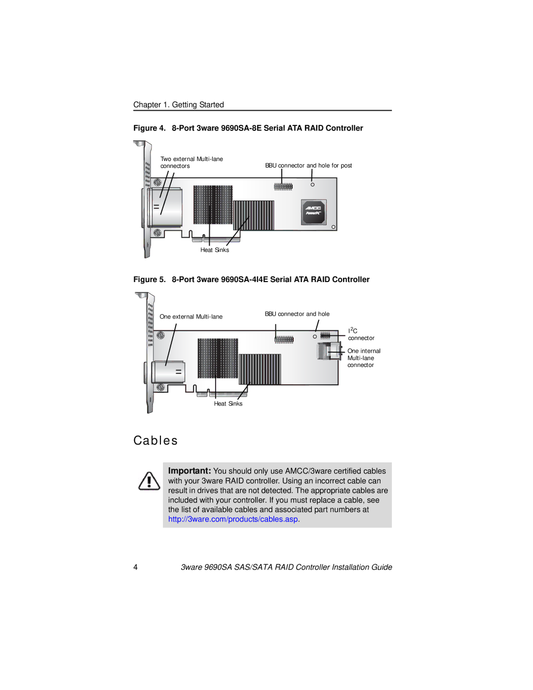 AMCC manual Cables, Port 3ware 9690SA-8E Serial ATA RAID Controller 