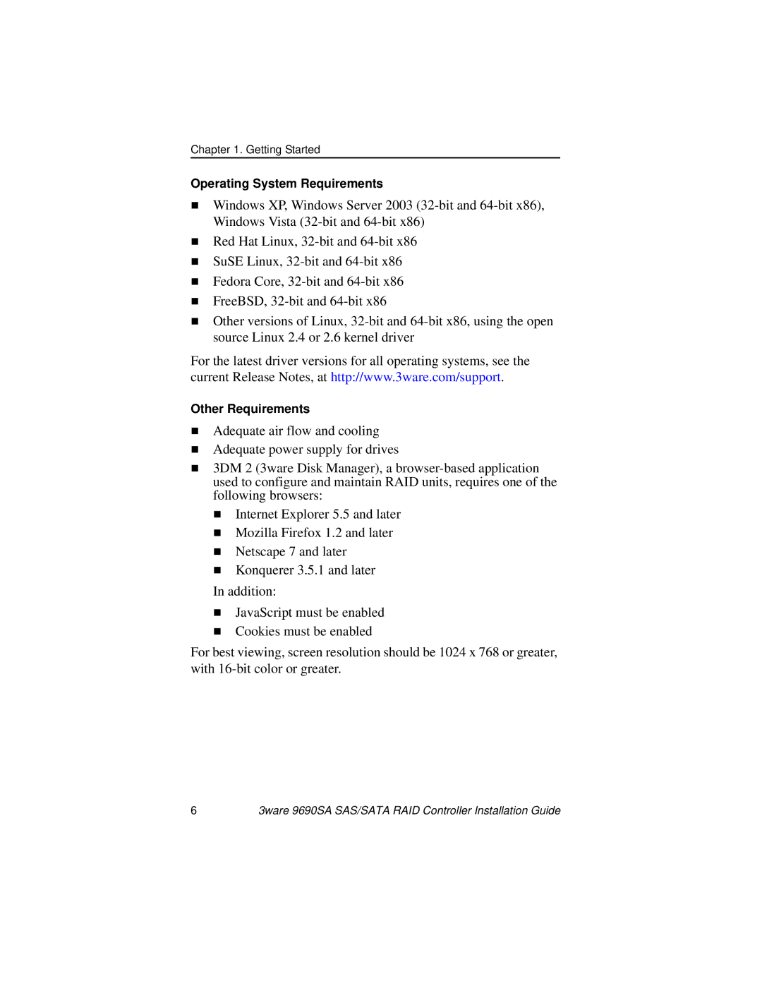 AMCC 9690SA manual Operating System Requirements 