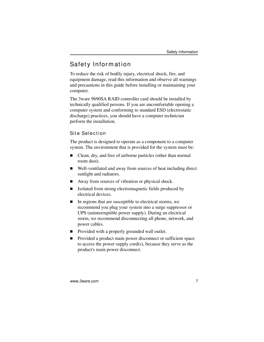 AMCC 9690SA manual Safety Information, Site Selection 