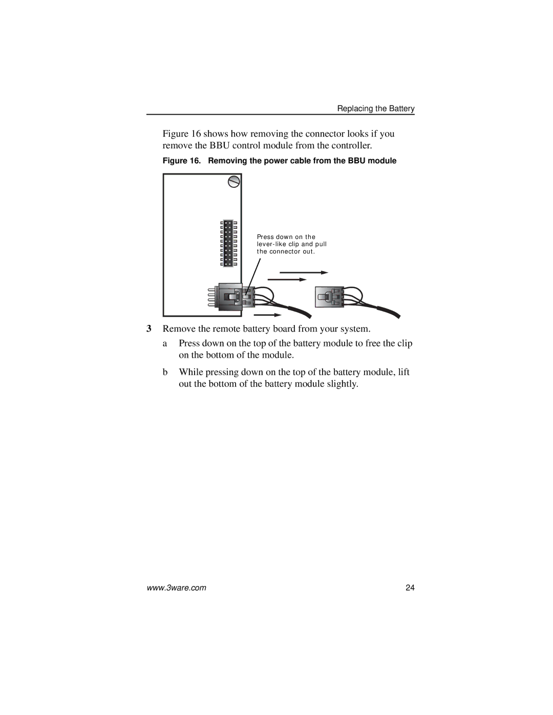 AMCC 9690SA manual Removing the power cable from the BBU module 