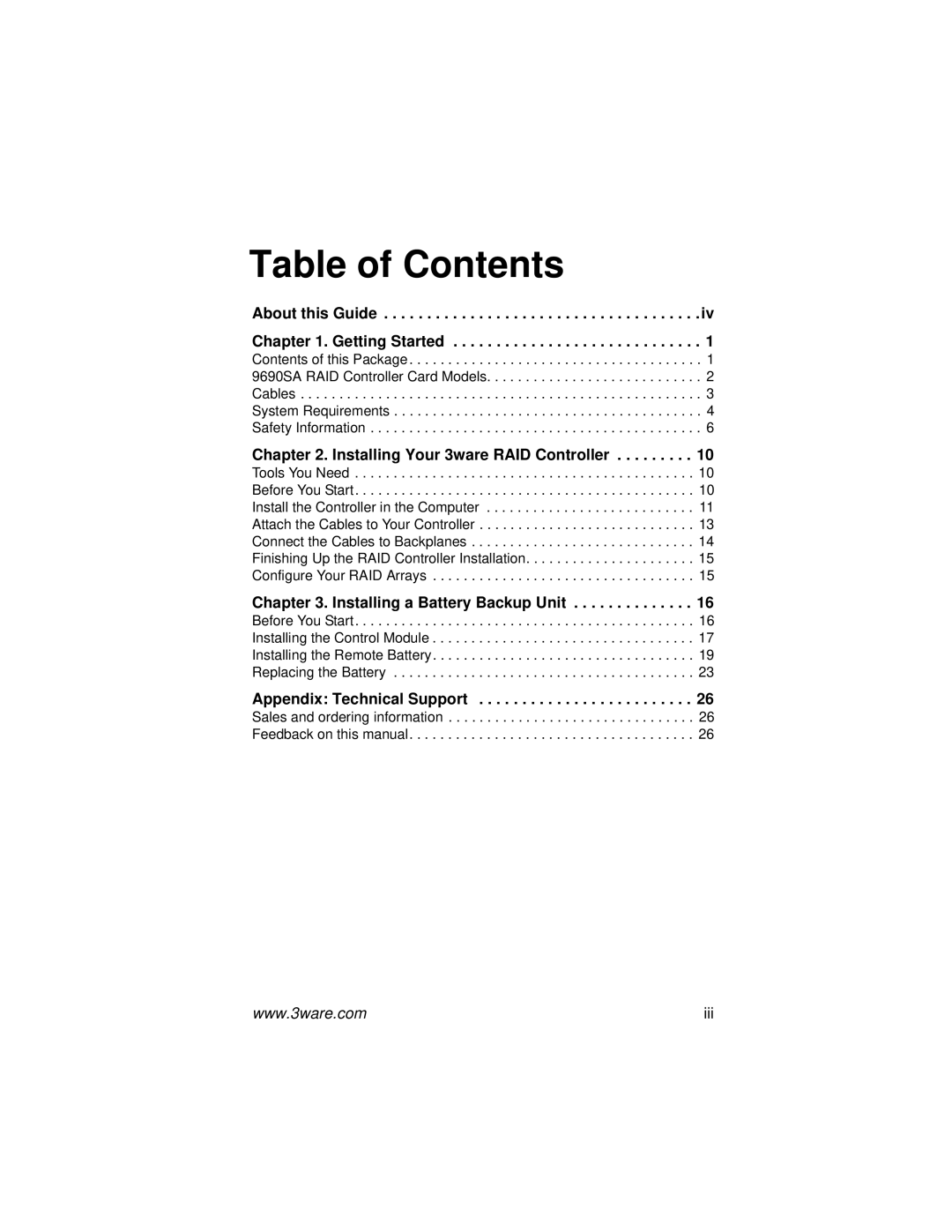 AMCC 9690SA manual Table of Contents 