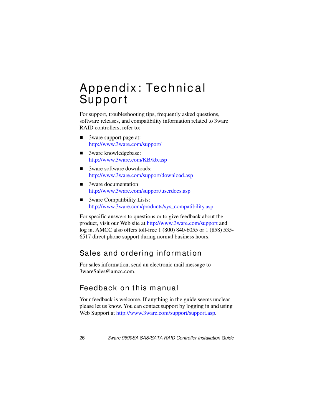 AMCC 9690SA Sales and ordering information, Feedback on this manual 