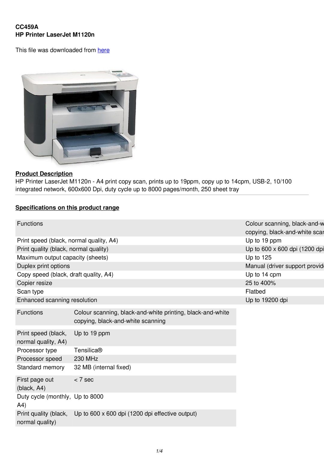 AMCC M1120N specifications CC459A HP Printer LaserJet M1120n 