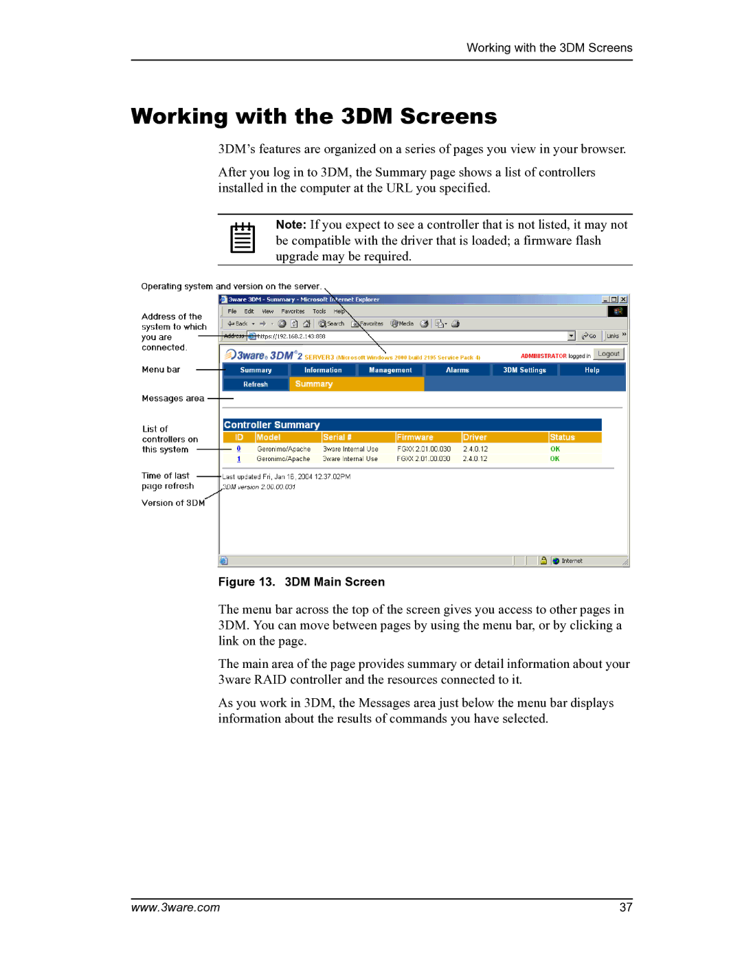 AMCC PN 720-0104-00 manual Working with the 3DM Screens, DM Main Screen 