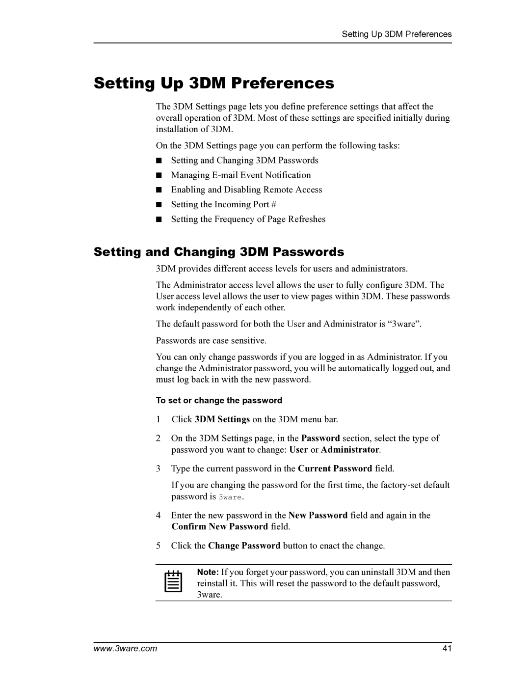 AMCC PN 720-0104-00 manual Setting Up 3DM Preferences, Setting and Changing 3DM Passwords 