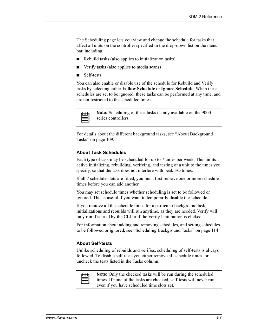 AMCC PN 720-0104-00 manual About Task Schedules, About Self-tests 