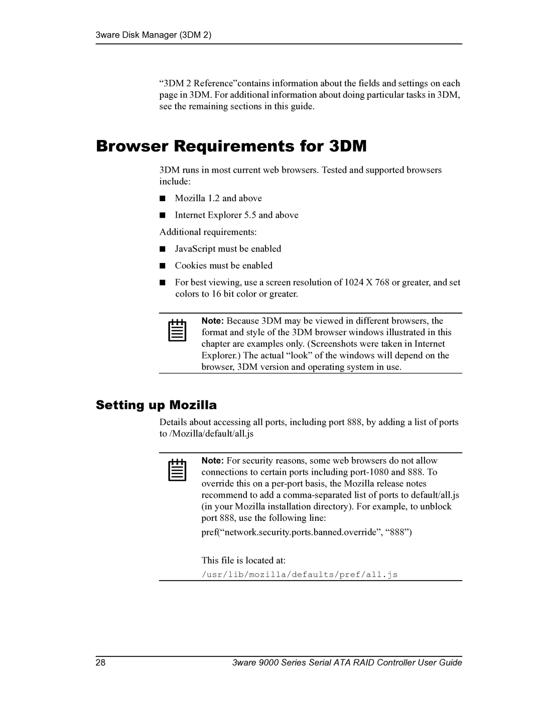 AMCC PN 720-0104-00 manual Browser Requirements for 3DM, Setting up Mozilla 