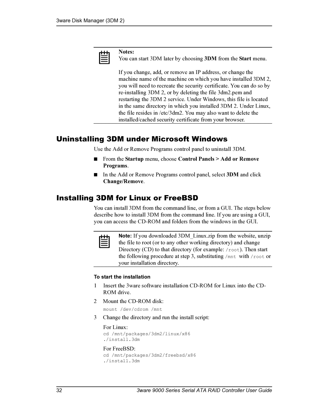 AMCC PN 720-0104-00 manual Uninstalling 3DM under Microsoft Windows, Installing 3DM for Linux or FreeBSD 