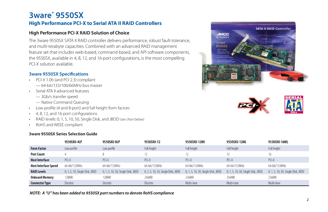 AMCC 9650SE 2, SIDECAR 3 manual High Performance PCI-X to Serial ATA II RAID Controllers, 3ware 9550SX Specifications 