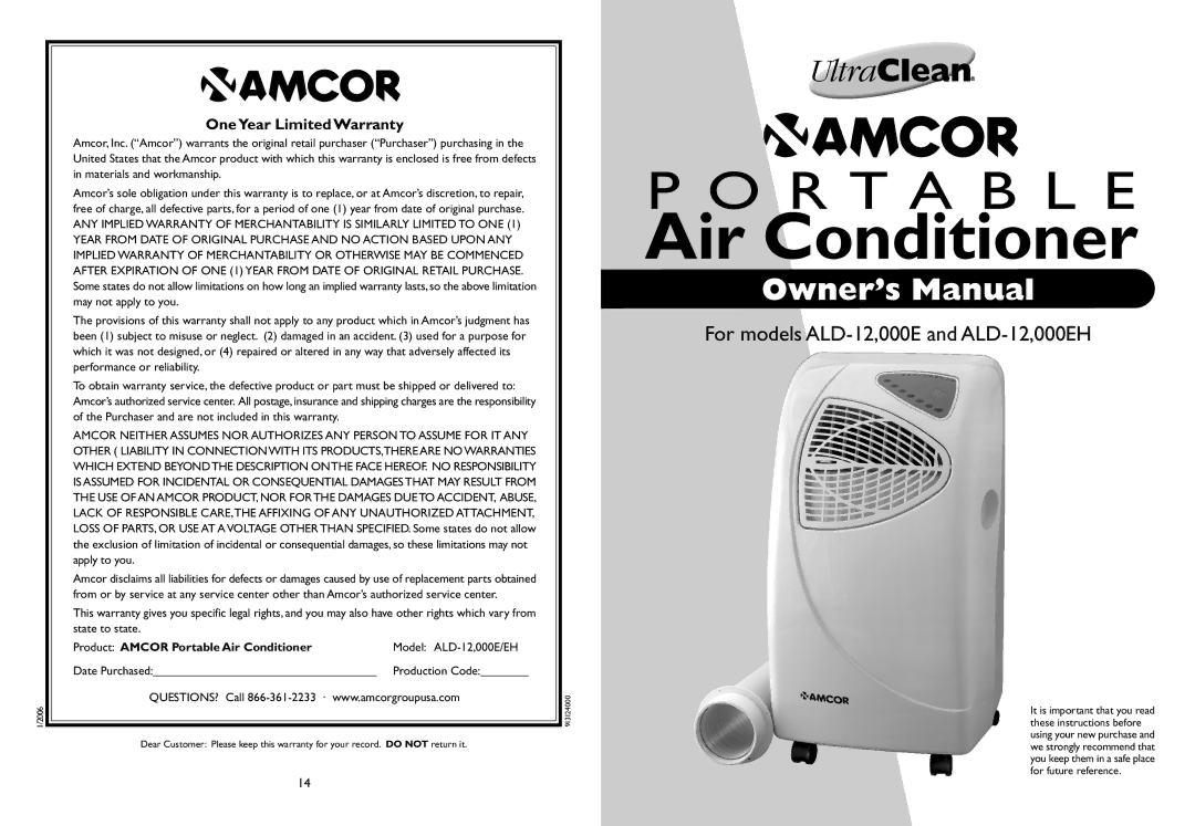 Amcor 000EH owner manual OneYear Limited Warranty, Product Amcor Portable Air Conditioner 