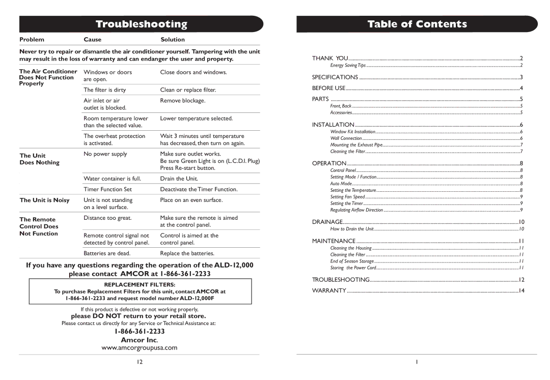 Amcor 000EH owner manual Troubleshooting, Table of Contents 