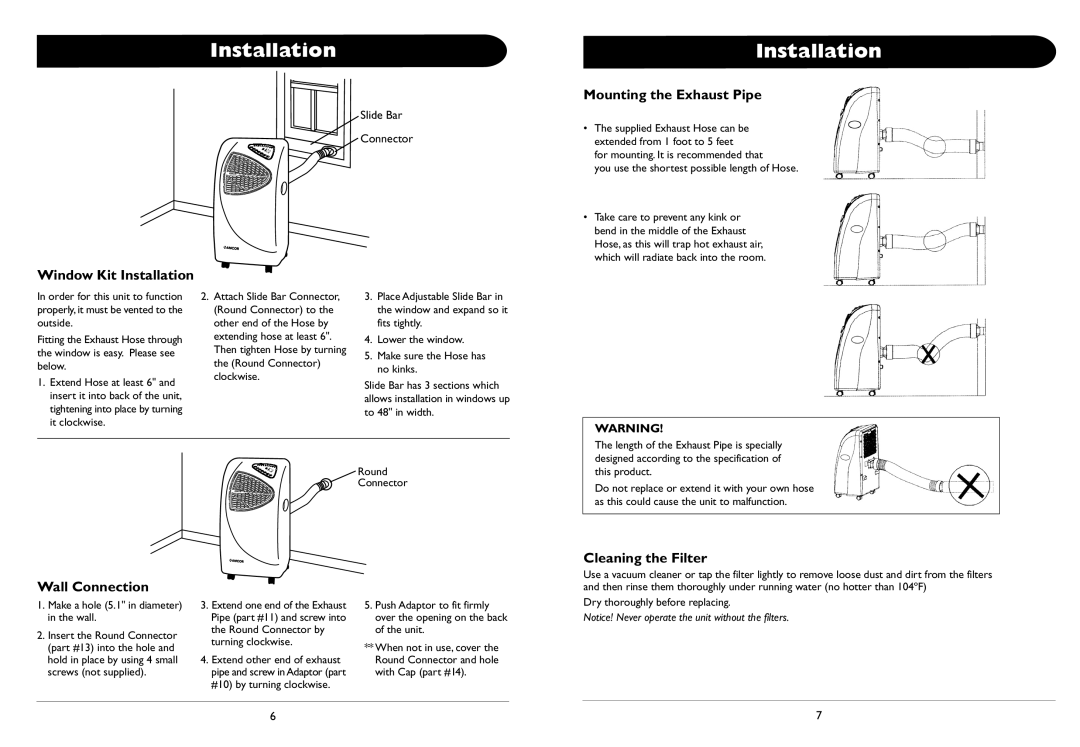 Amcor 000EH owner manual Window Kit Installation, Mounting the Exhaust Pipe, Cleaning the Filter Wall Connection 