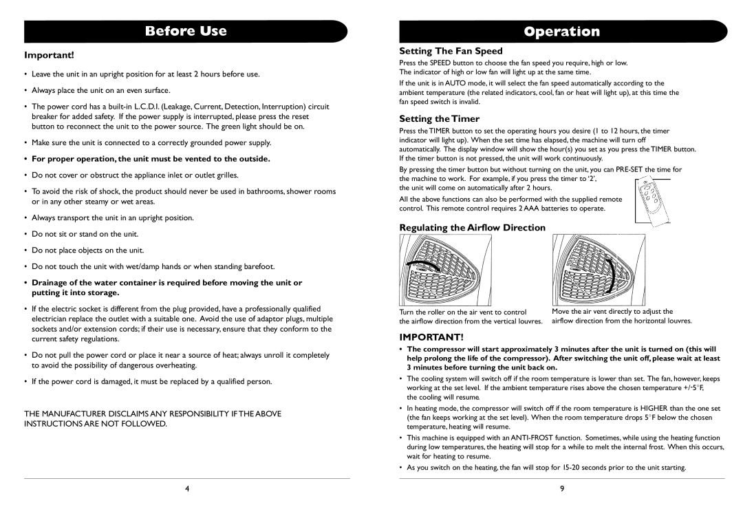 Amcor 000EH owner manual Before Use, Setting The Fan Speed, Setting the Timer, Regulating the Airflow Direction 