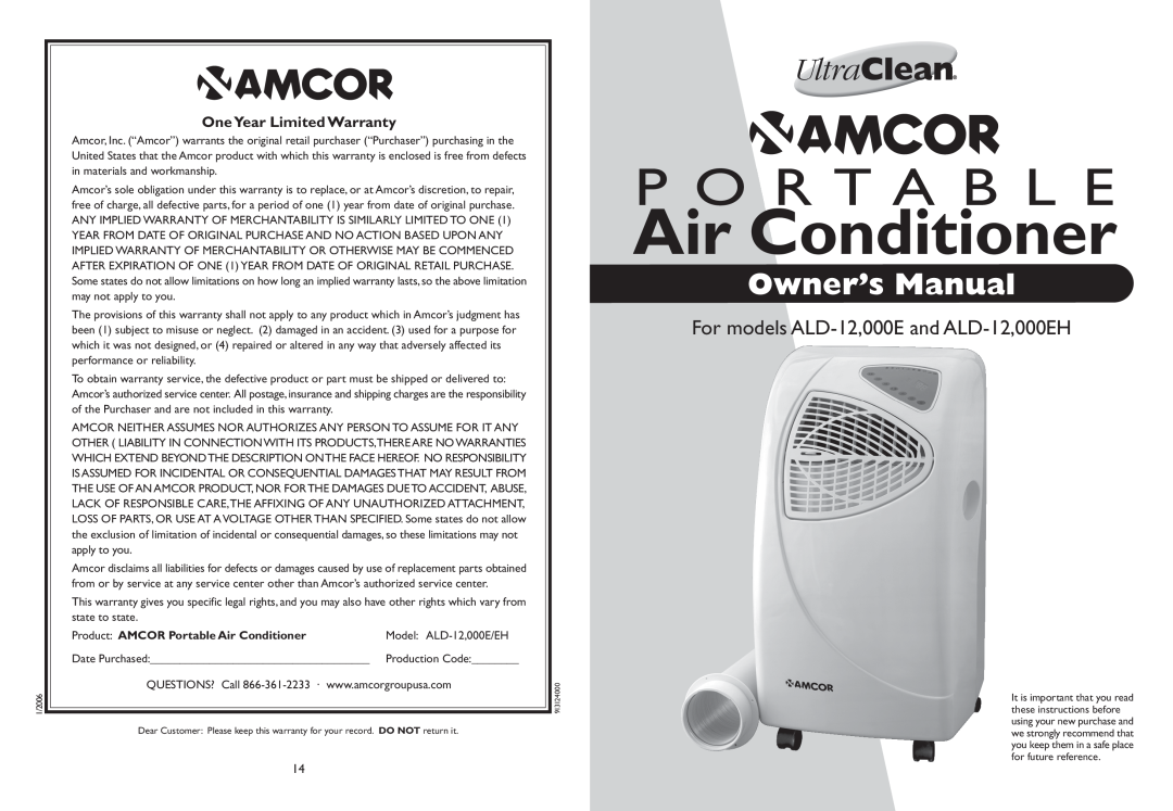 Amcor 000EH owner manual OneYear Limited Warranty, Air Conditioner, P O R T A B L E 