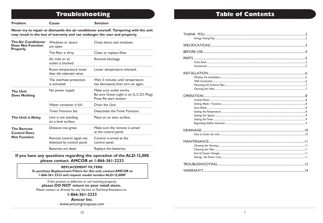 Amcor 000EH owner manual Troubleshooting, Table of Contents, please contact AMCOR at 