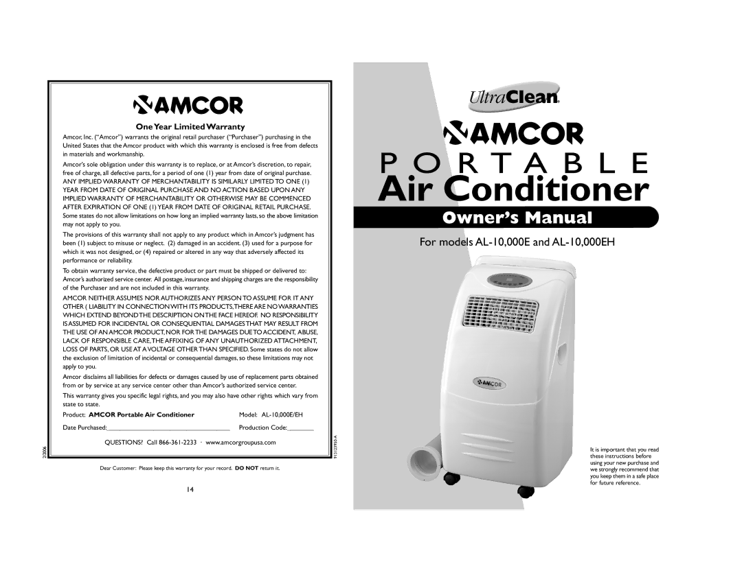 Amcor 000E AL-10 owner manual OneYear Limited Warranty, Product Amcor Portable Air Conditioner 