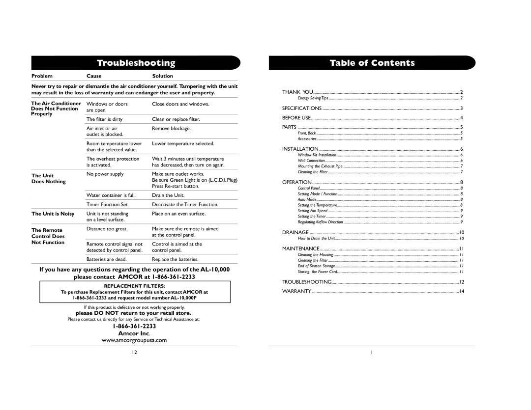 Amcor 000E AL-10 owner manual Troubleshooting, Table of Contents 