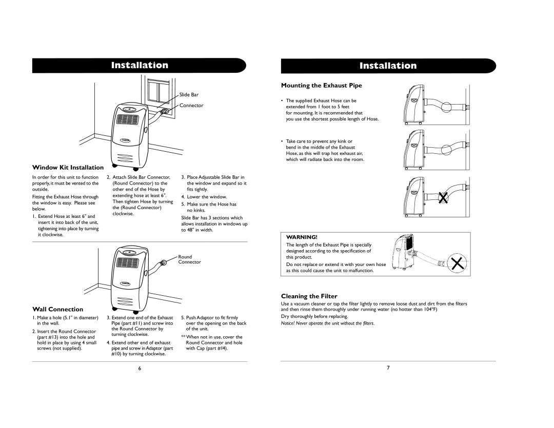 Amcor 000E AL-10 owner manual Mounting the Exhaust Pipe Window Kit Installation, Wall Connection, Cleaning the Filter 