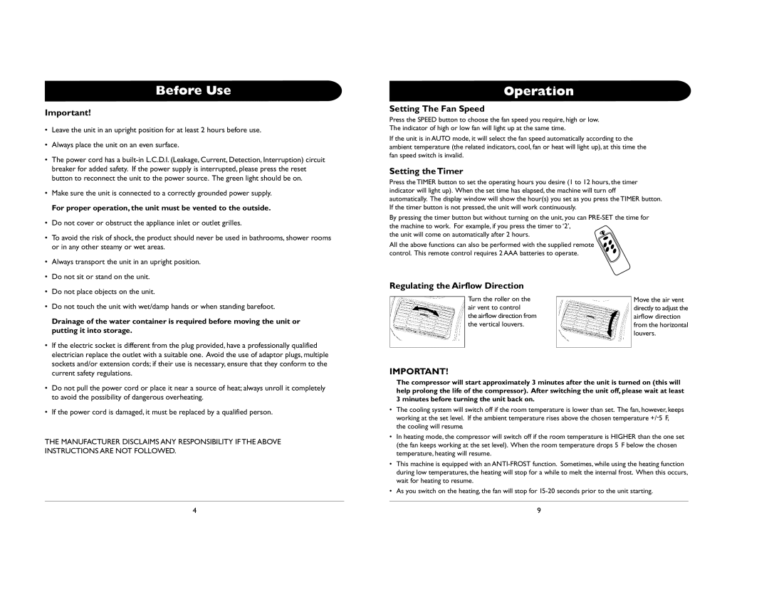 Amcor 000E AL-10 owner manual Before Use, Setting The Fan Speed, Setting the Timer, Regulating the Airflow Direction 