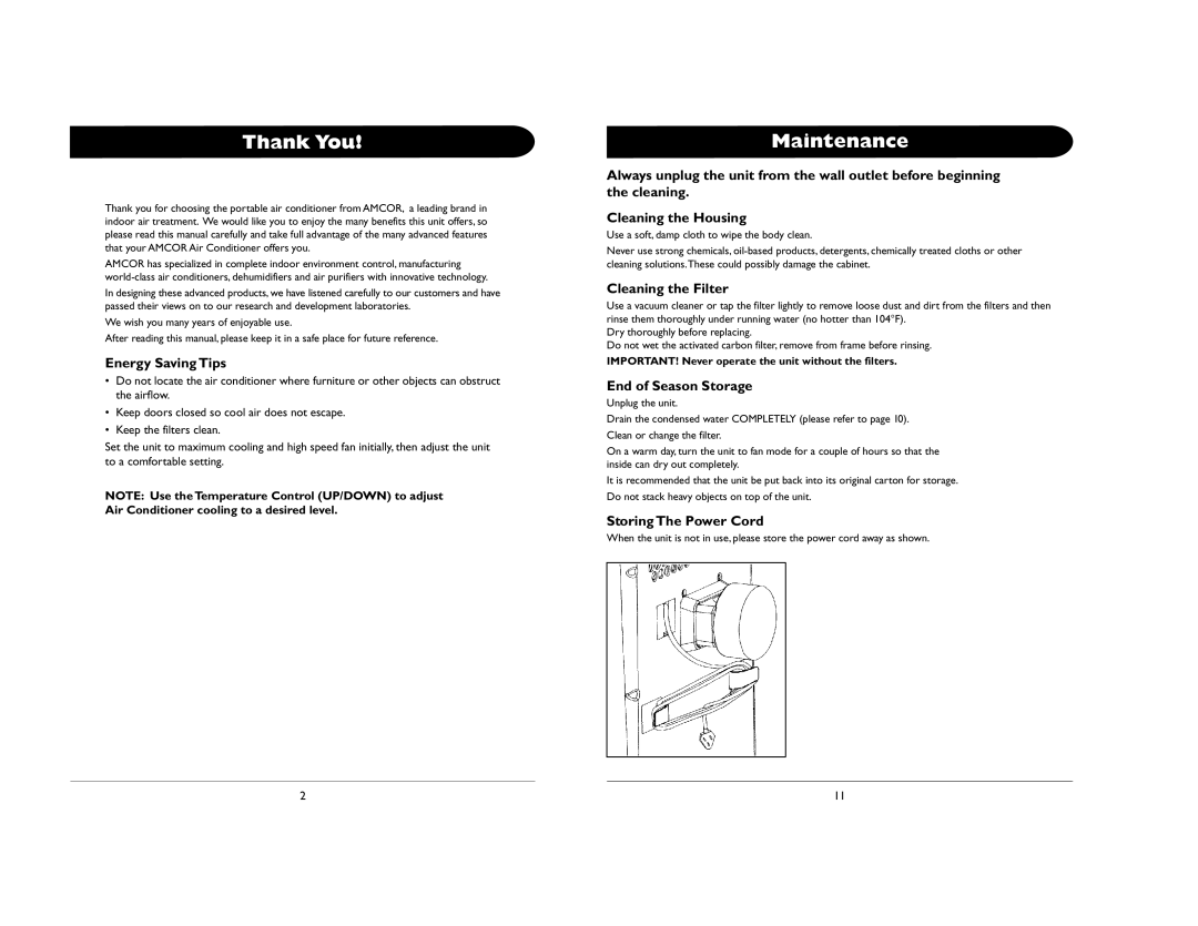 Amcor 000E AL-10 owner manual Thank You, Maintenance, Energy Saving Tips, End of Season Storage, Storing The Power Cord 