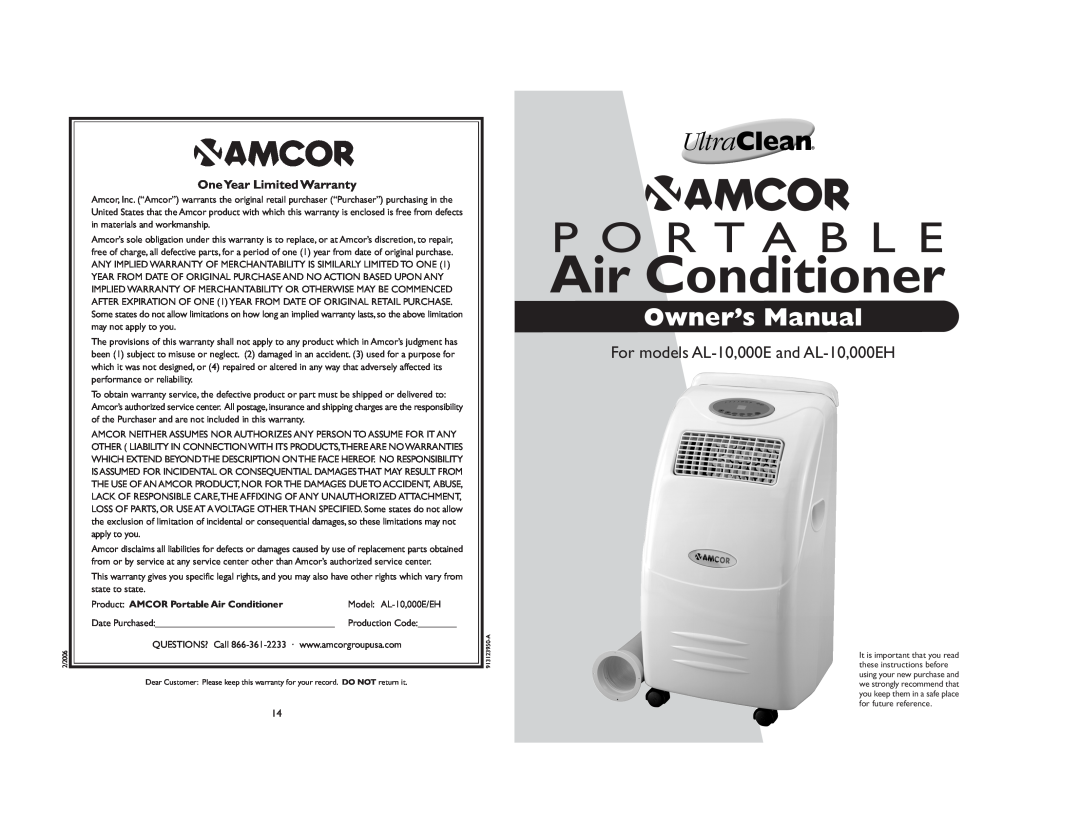 Amcor 000E AL-10 owner manual OneYear Limited Warranty, Air Conditioner, P O R T A B L E 