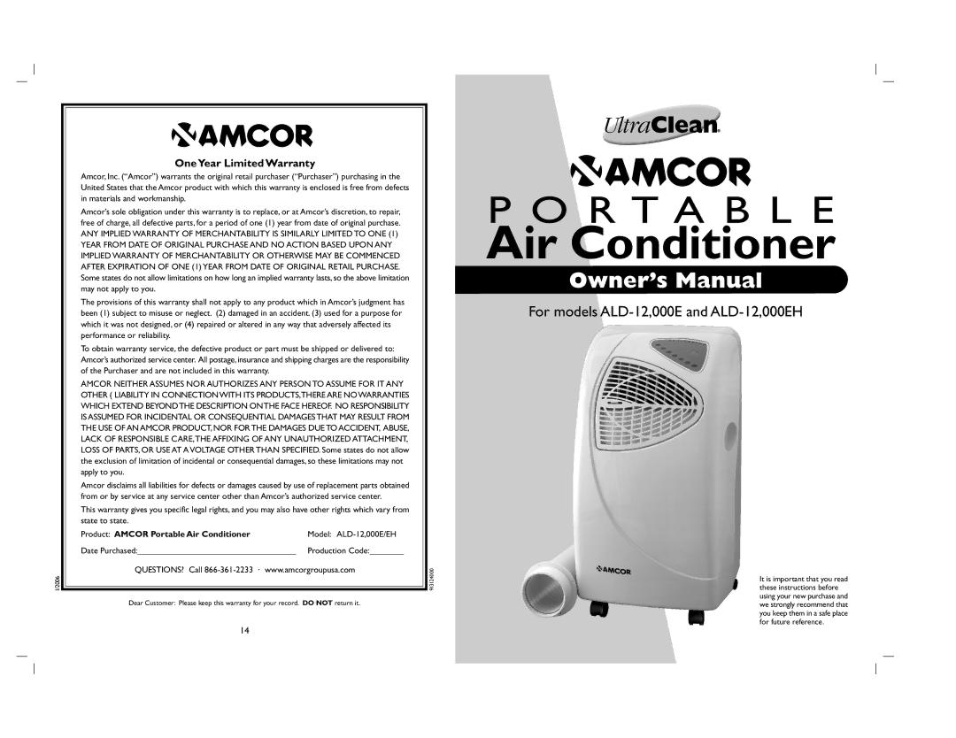 Amcor 000E/EH owner manual OneYear Limited Warranty, Product Amcor Portable Air Conditioner 