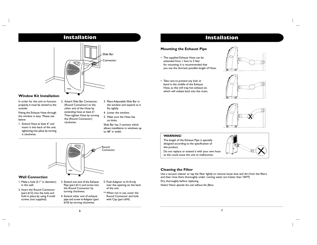 Amcor 000E/EH owner manual Mounting the Exhaust Pipe Window Kit Installation, Cleaning the Filter Wall Connection 