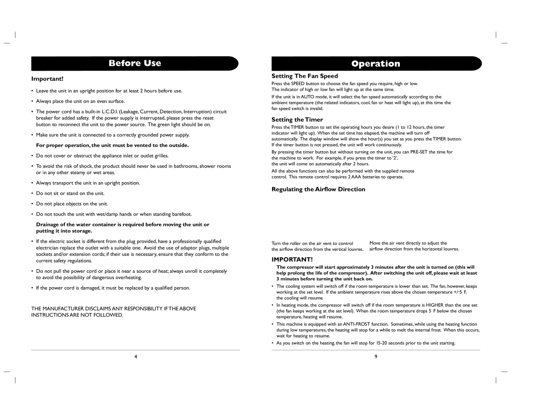 Amcor 000E/EH owner manual Before Use, Setting The Fan Speed, Setting the Timer, Regulating the Airflow Direction 