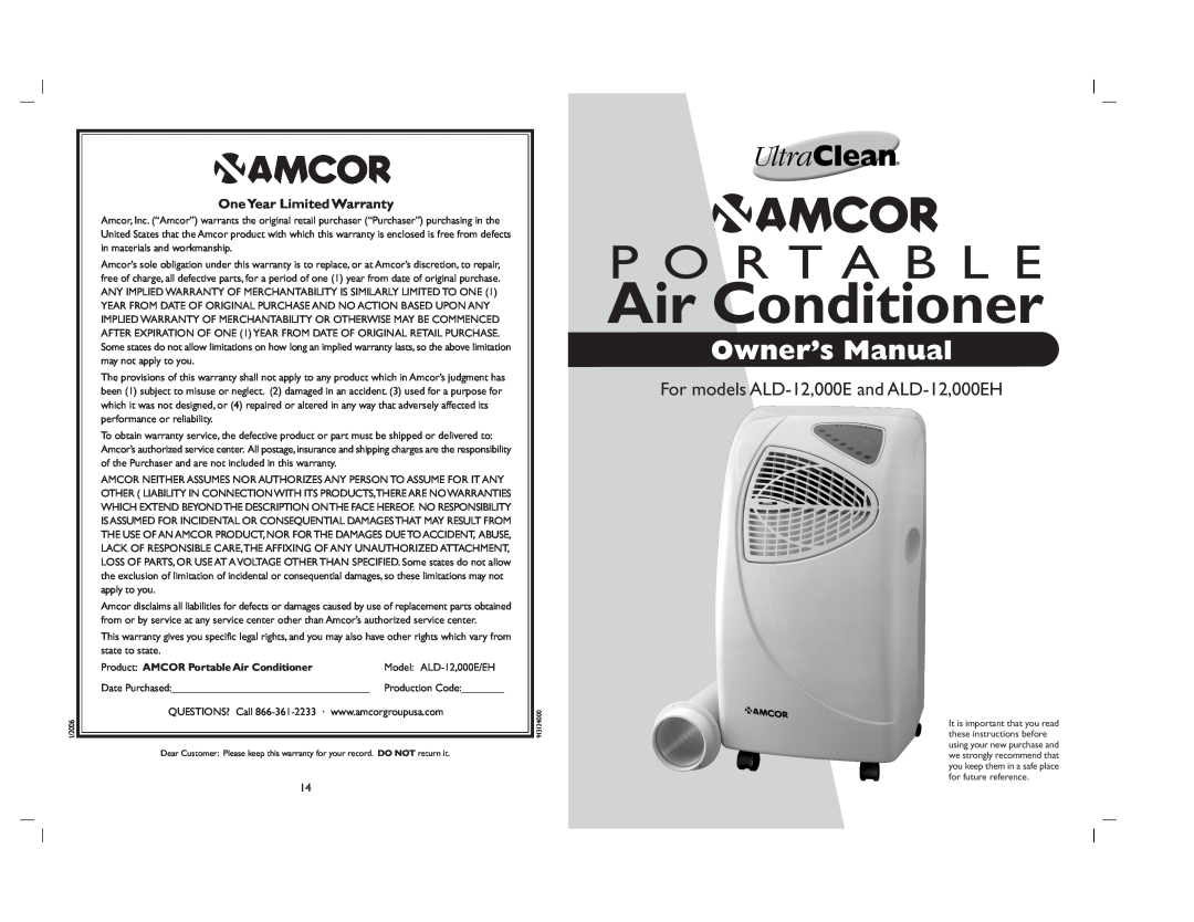 Amcor 000E/EH owner manual OneYear Limited Warranty, Air Conditioner, P O R T A B L E 