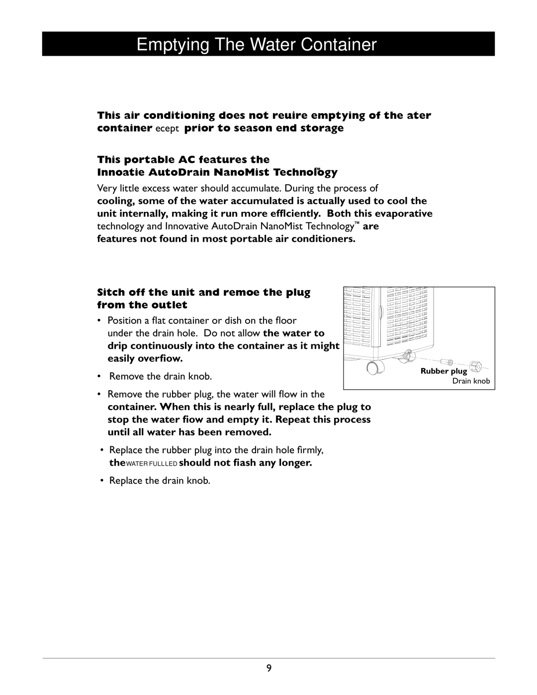 Amcor A12000EH owner manual Emptying The Water Container, Switch off the unit and remove the plug from the outlet 