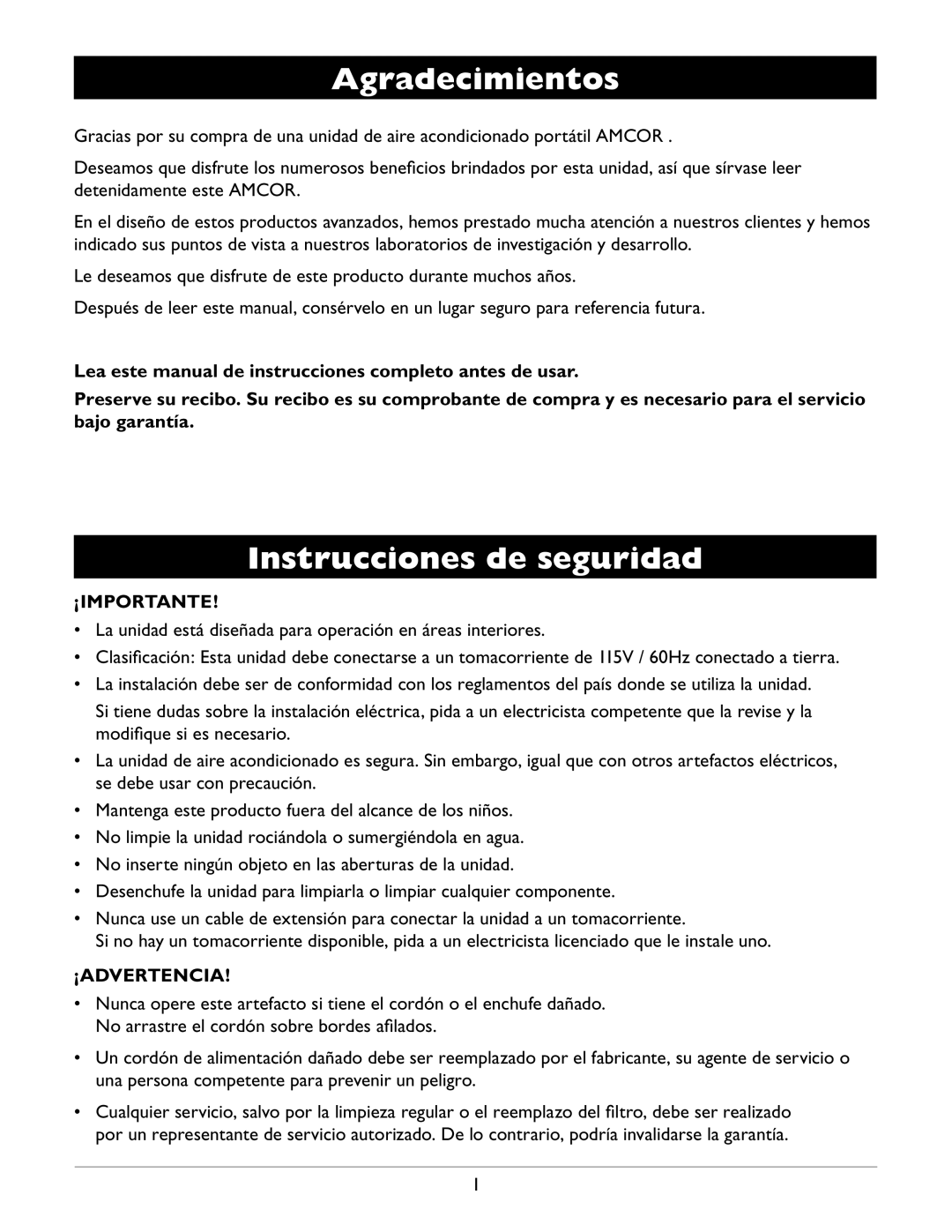 Amcor A12000EH owner manual Agradecimientos, Instrucciones de seguridad 