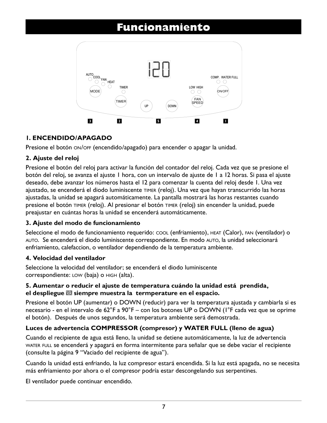 Amcor A12000EH owner manual Funcionamiento, Ajuste del reloj, Ajuste del modo de funcionamiento, Velocidad del ventilador 