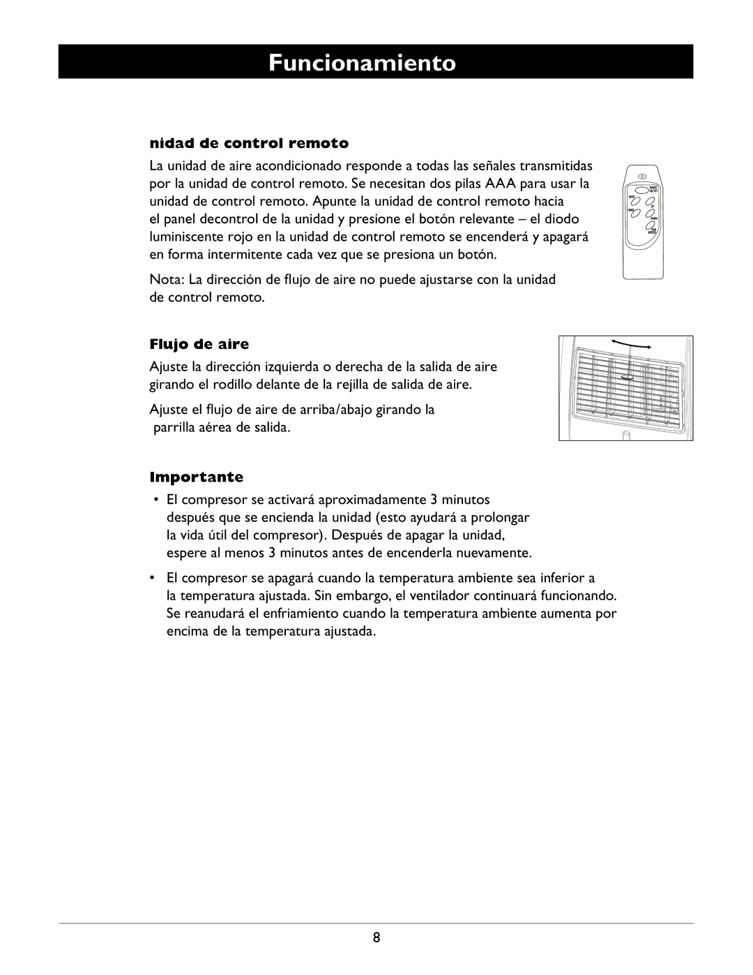 Amcor A12000EH owner manual Unidad de control remoto, Flujo de aire, Importante 