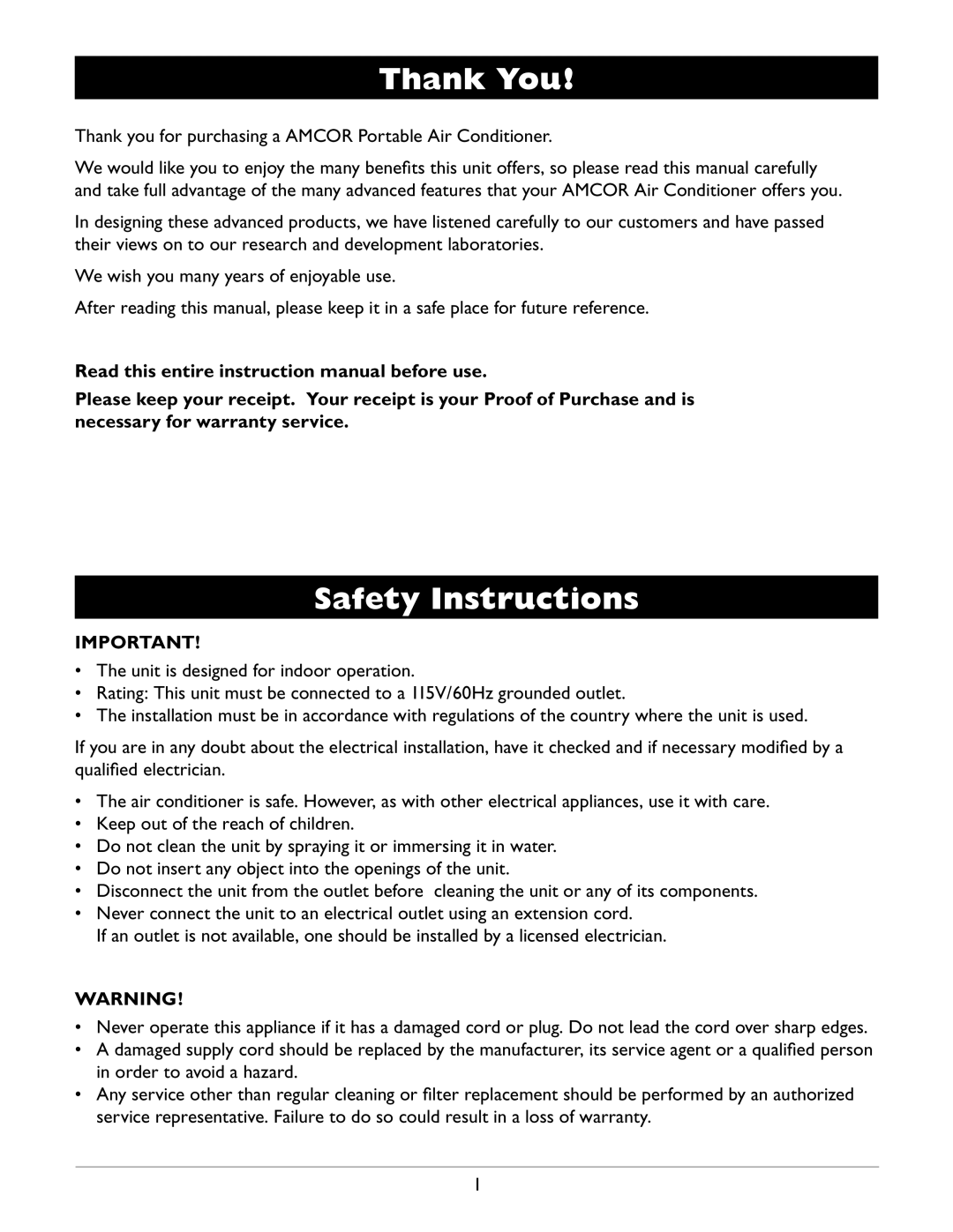 Amcor A12000EH owner manual Thank You, Safety Instructions 