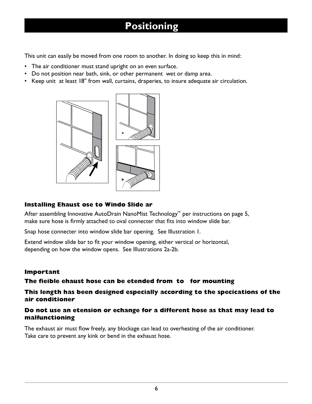 Amcor A12000EH owner manual Positioning, Installing Exhaust Hose to Window Slide Bar 