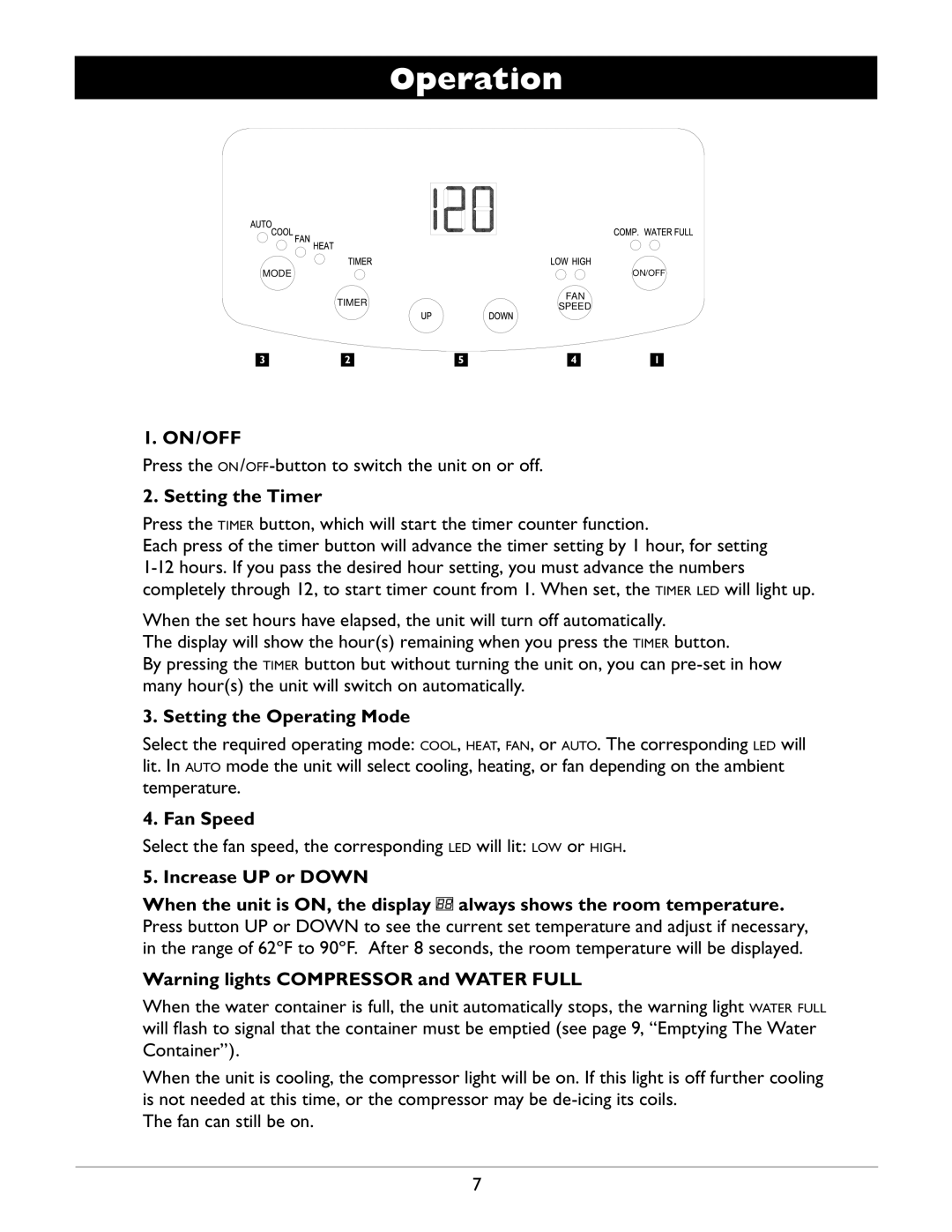 Amcor A12000EH owner manual Operation, Setting the Timer, Setting the Operating Mode, Fan Speed, Increase UP or Down 