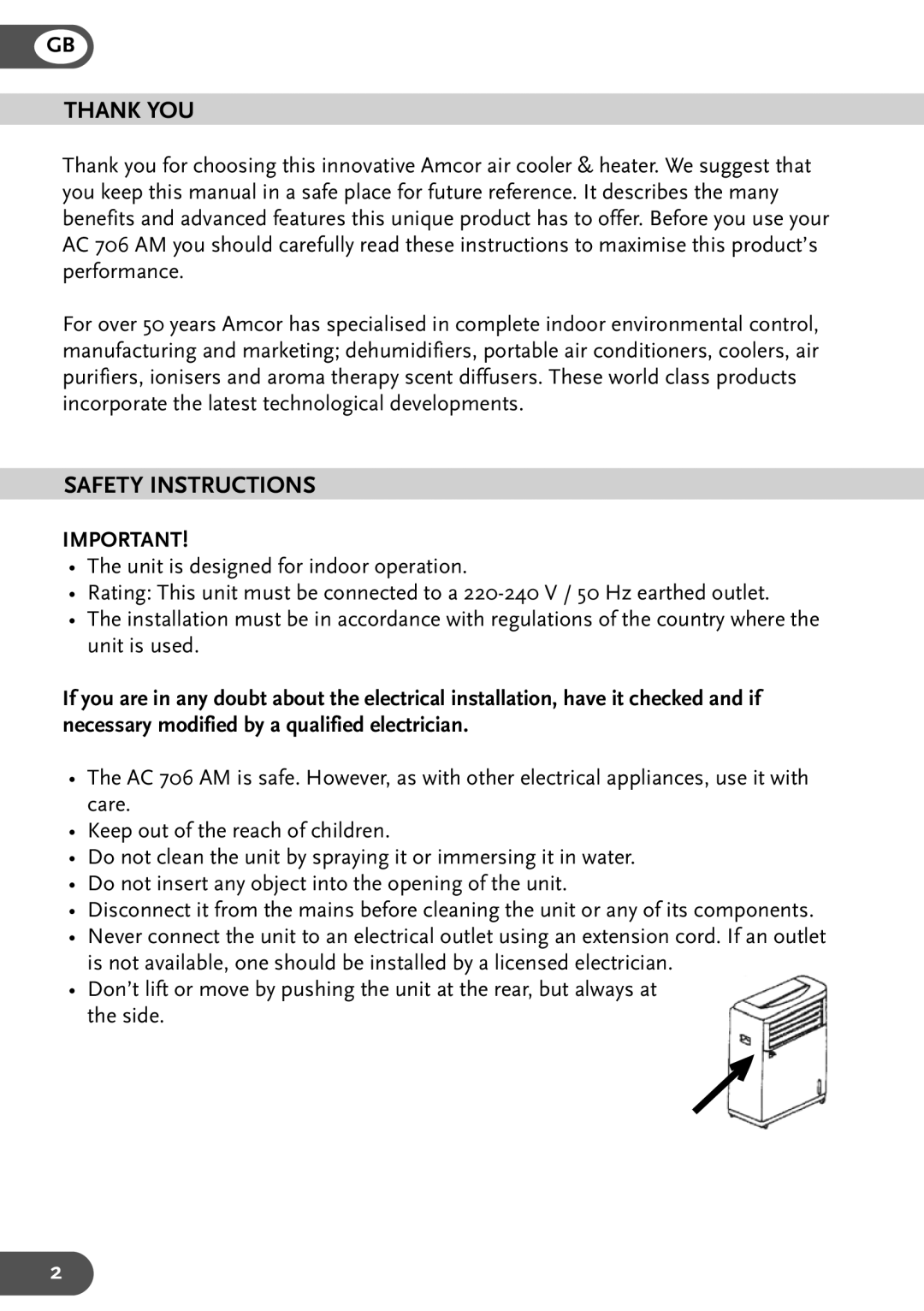 Amcor AC 706 AM manual Thank YOU, Safety Instructions 