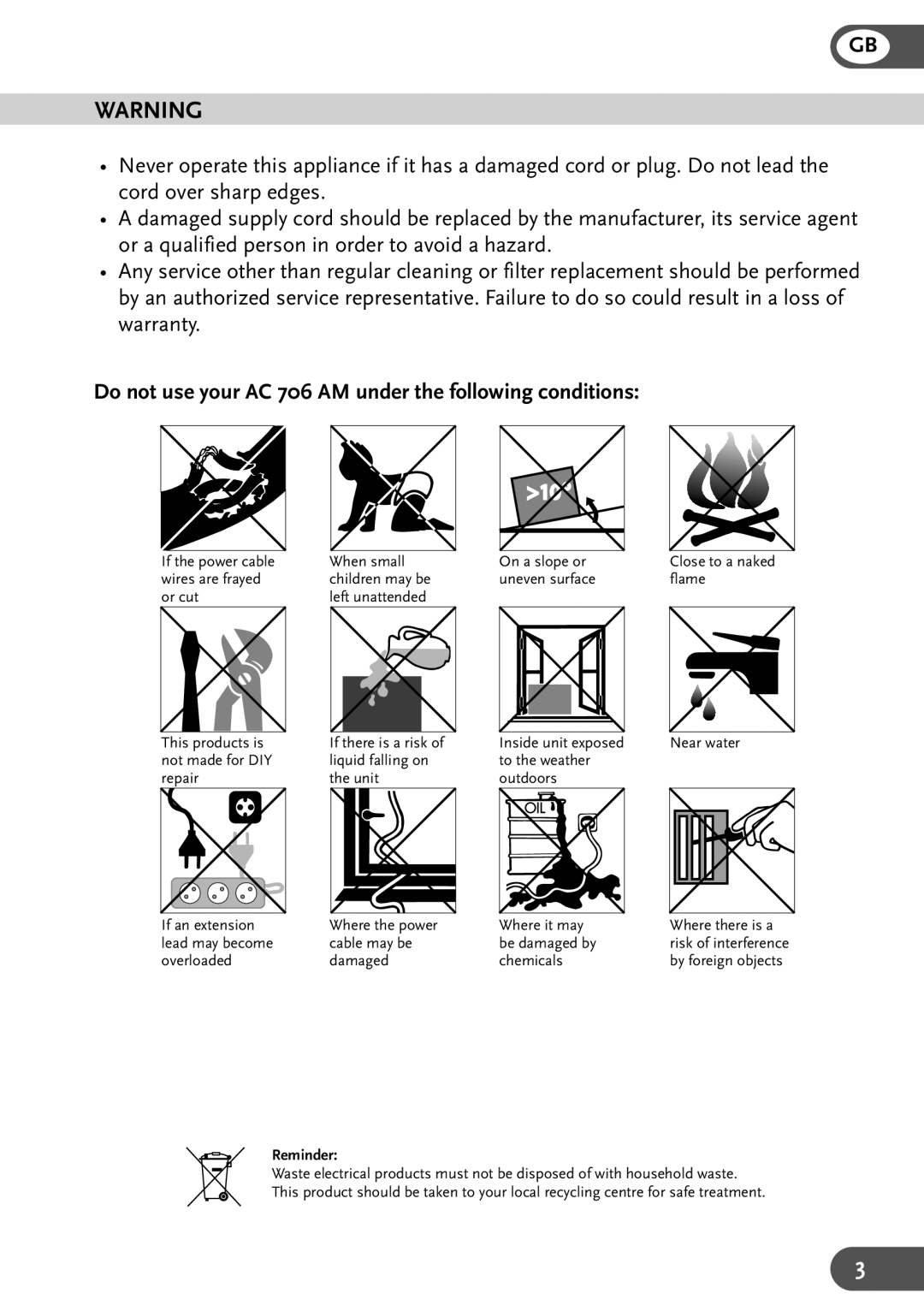 Amcor manual Do not use your AC 706 AM under the following conditions, Reminder 