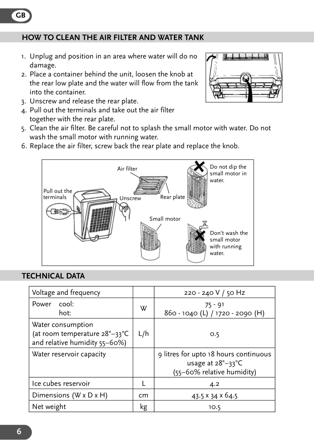 Amcor AC 706 AM manual HOW to Clean the AIR Filter and Water Tank, Technical Data 