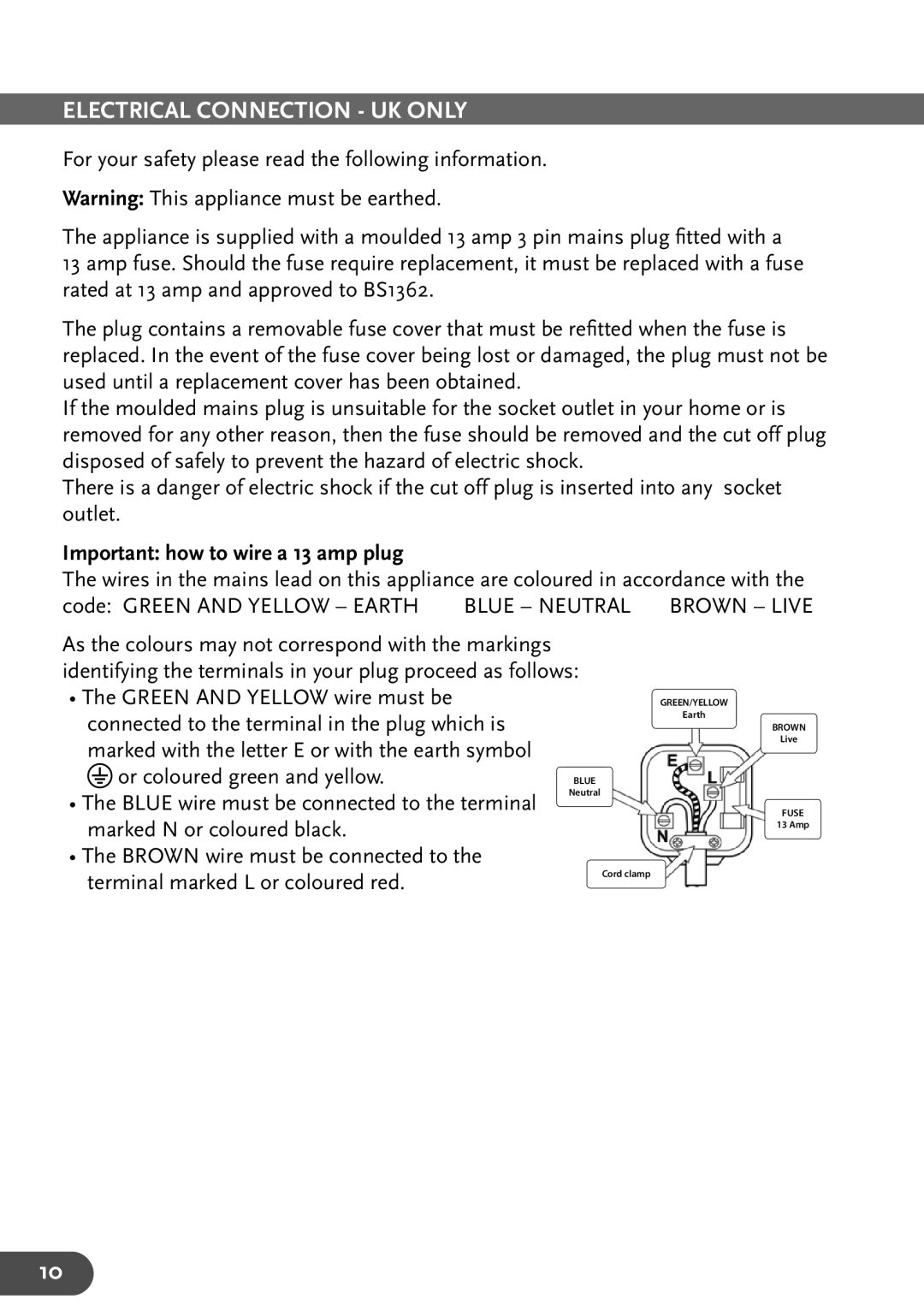 Amcor Ad 140 manual Electrical Connection UK only, Important how to wire a 13 amp plug 