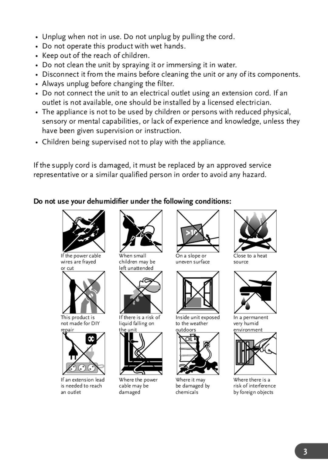 Amcor Ad 140 manual Do not use your dehumidifier under the following conditions 