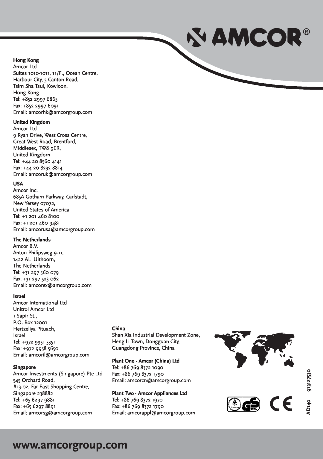 Amcor Ad 140 manual Hong Kong, United Kingdom, USA Amcor Inc, The Netherlands, Israel, China, Singapore, AD140 