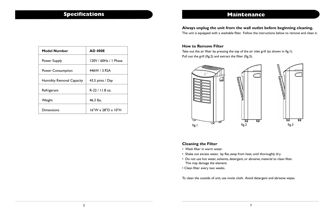 Amcor AD 400E owner manual How to Remove Filter, Cleaning the Filter 