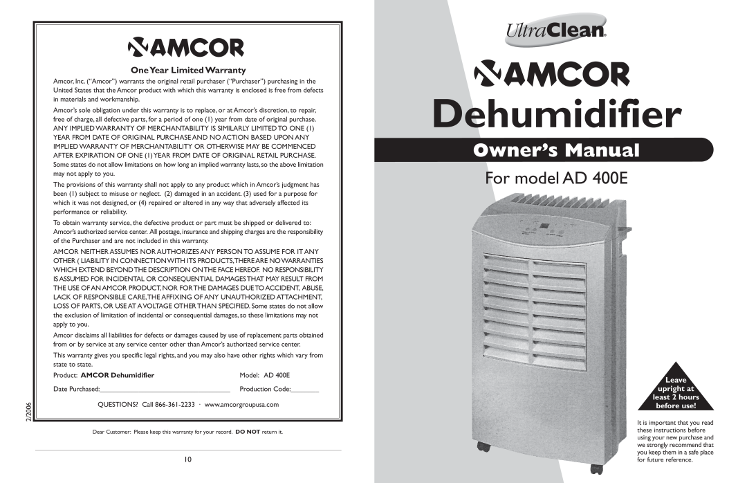 Amcor owner manual OneYear Limited Warranty, Dehumidifier, For model AD 400E, Leave upright at least 2 hours before use 