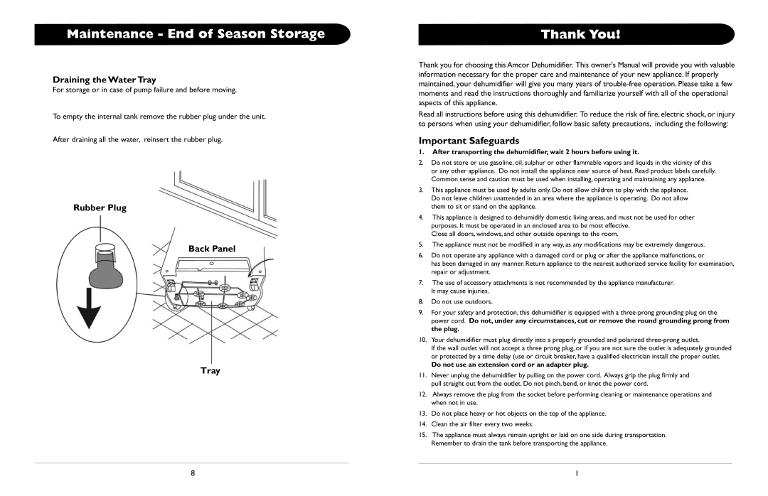 Amcor AD 400E owner manual Maintenance - End of Season Storage, Thank You, Draining the Water Tray, Important Safeguards 