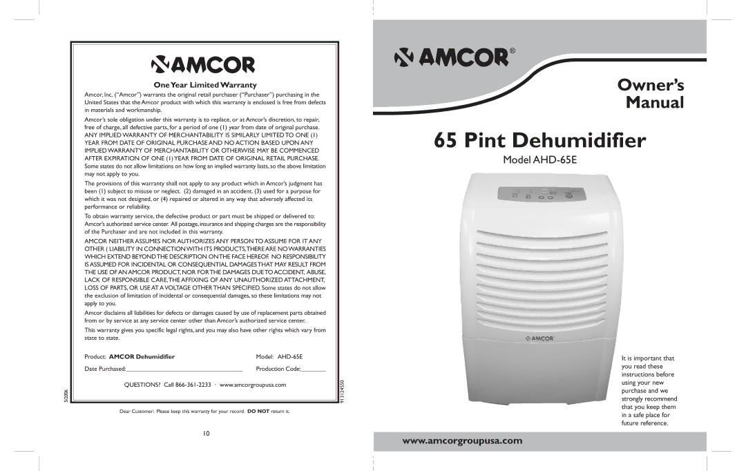 Amcor AHD-65E owner manual Pint Dehumidifier 