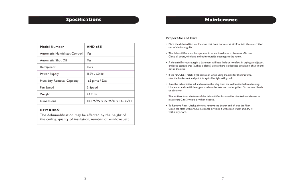 Amcor AHD-65E owner manual Specifications, Maintenance, Model Number, Proper Use and Care 